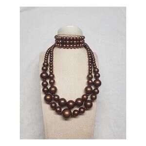 Vintage Bronze Beaded Jewelry Set Layered Necklace Stretch Bracelet Earthy Boho